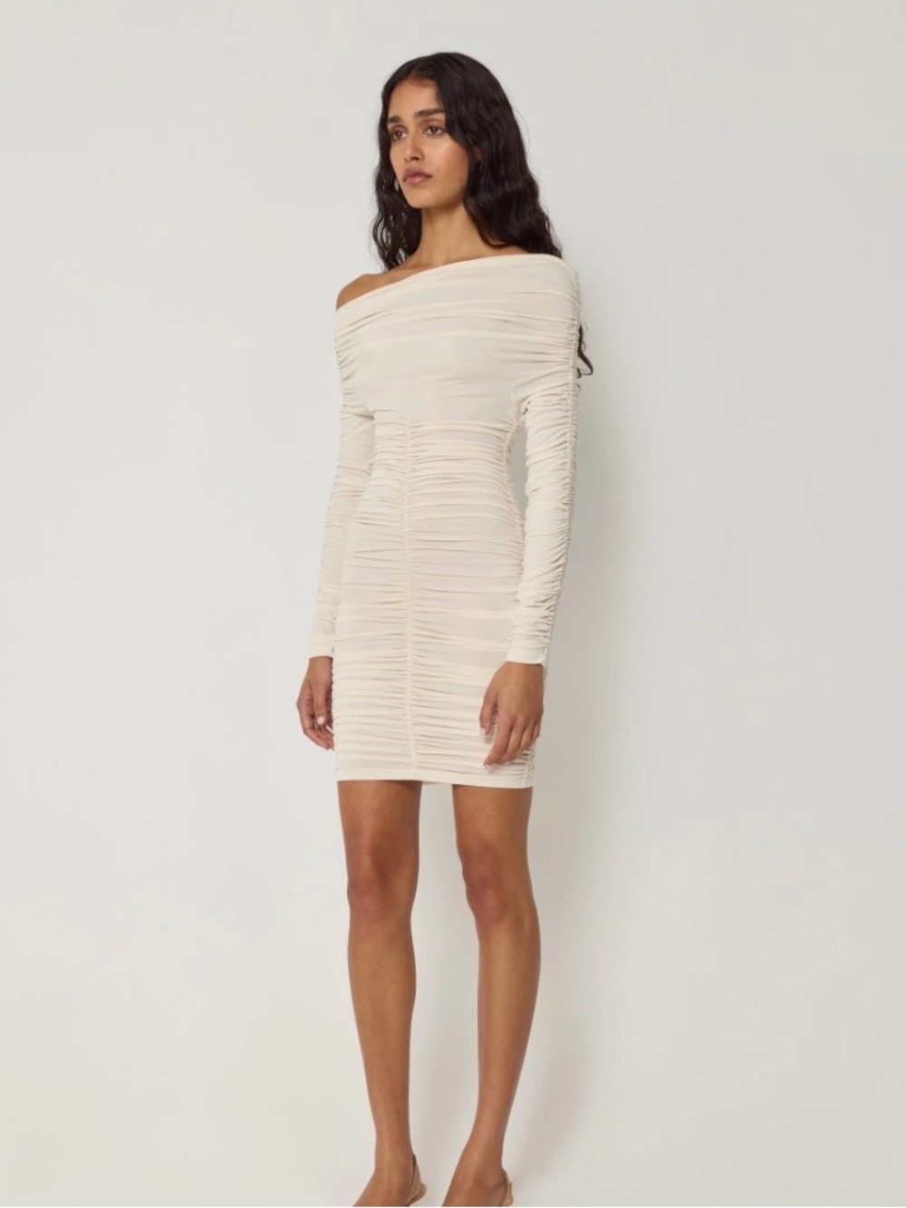 Off-Shoulder Ruched Mini Dress in Cream